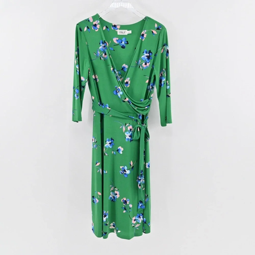 ELIZA J Dress Size 14 Green Floral V‎ Neck Long Sleeve Tie Belt Faux Wrap Midi - Picture 2 of 12